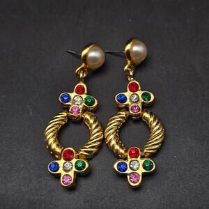 Gripoix Mogul Rhinestone Earrings Gold Tone Faux Pearl